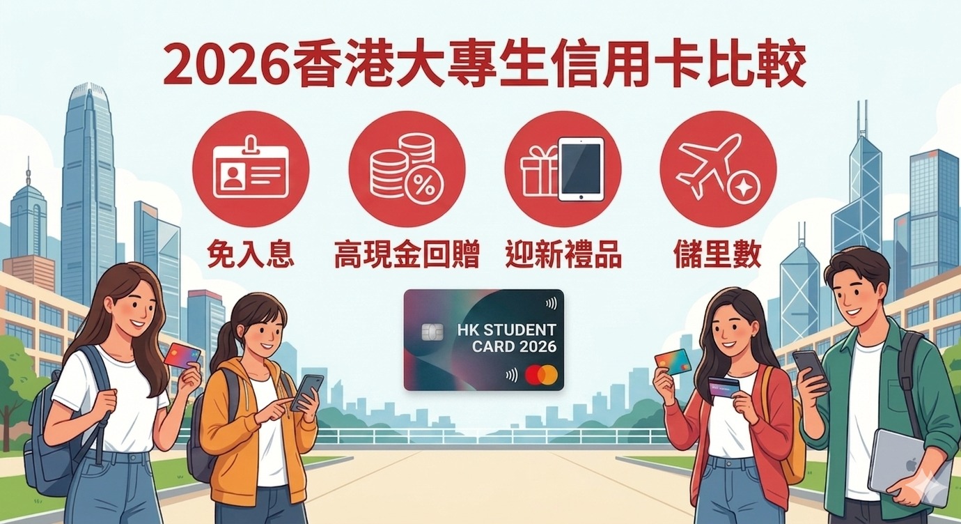 【2026大專信用卡申請】5大大學生信用卡推薦：免入息、高現金回贈、迎新禮品與儲里數全解析