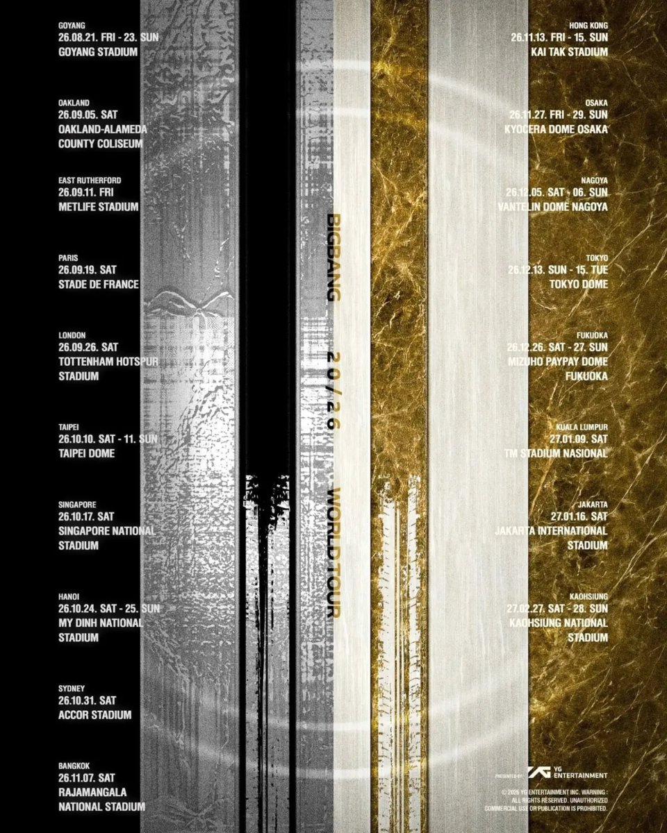 BIGBANG 2026 世界巡迴演出海報：香港啟德主場館11月13日至15日場次