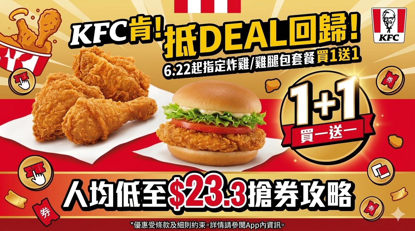 KFC肯！抵DEAL回歸宣傳圖，指定炸雞及雞腿包套餐買一送一，6月22日起人均低至$23.3