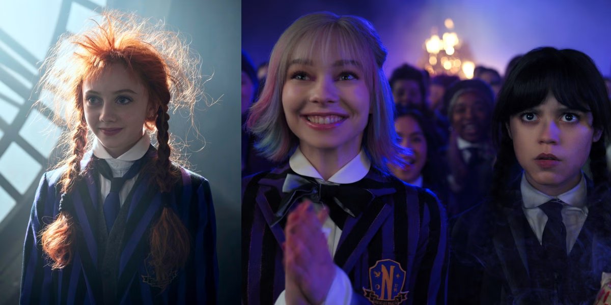 《星期三》劇集畫面：紅髮校服女孩，以及舞會中的金髮女孩與黑髮女孩
