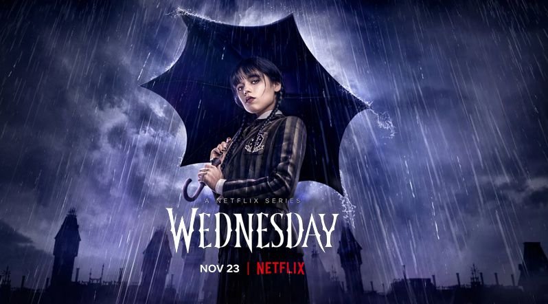 《星期三》劇集海報：角色手持黑傘站在雨中，畫面顯示WEDNESDAY、NOV 23及Netflix標誌