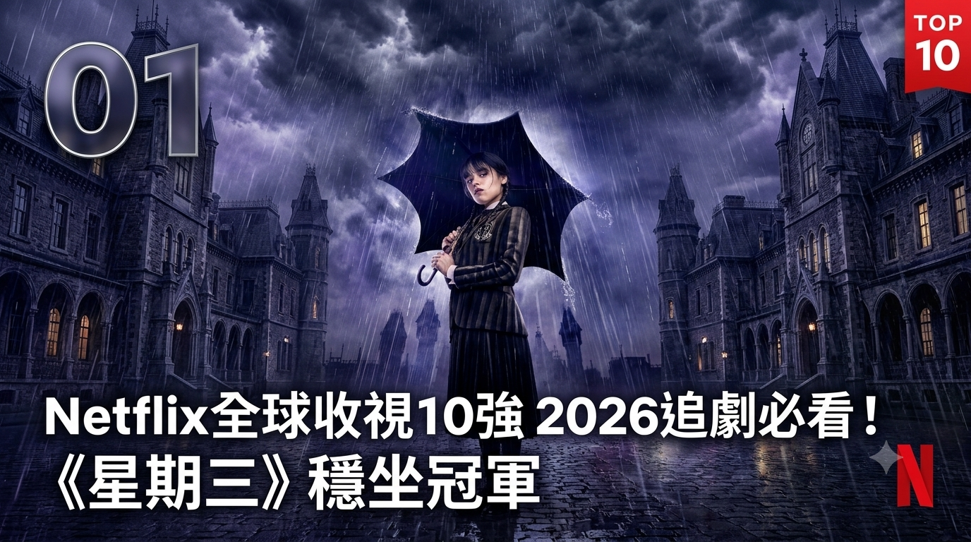 Netflix全球收視10強宣傳圖：《星期三》角色手持黑傘站在雨中的哥德式校園前，標示2026追劇必看及冠軍