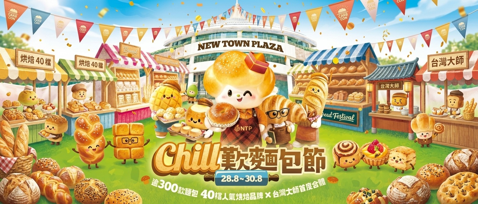 新城市廣場CHILL歎麵包節插畫橫幅：麵包角色、烘焙攤檔與活動日期8月28日至30日