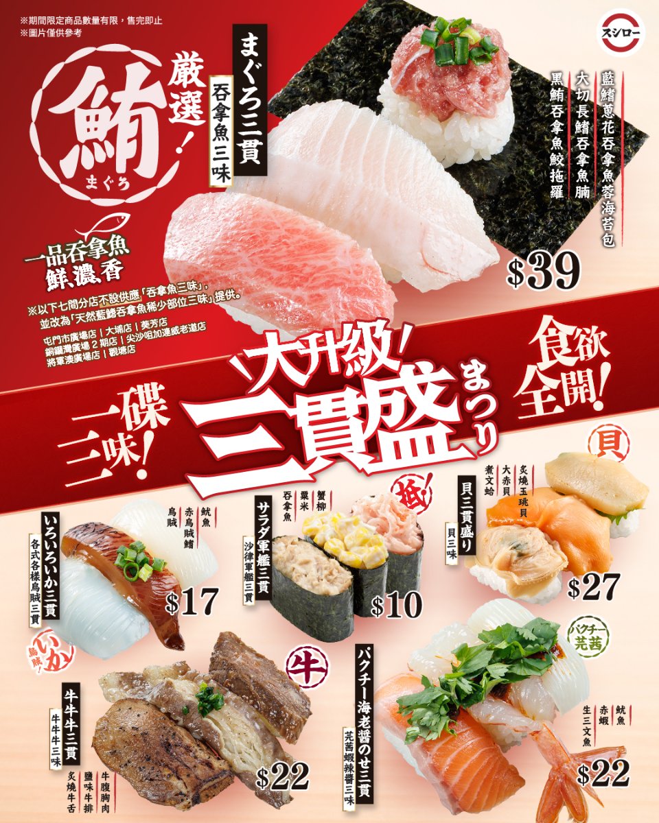 【壽司郎】大升級三貫祭！吞拿魚三味$39、貝三味$27、牛牛牛三味$22（4月2日起）