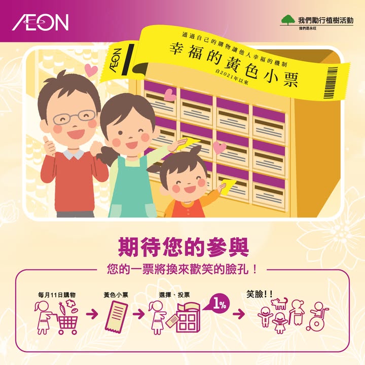 幸福的黃色小票活動 提提大家，聽日係11號 永旺日 AEON Day ，AEON都會進行 幸福的黃色小票 活動，