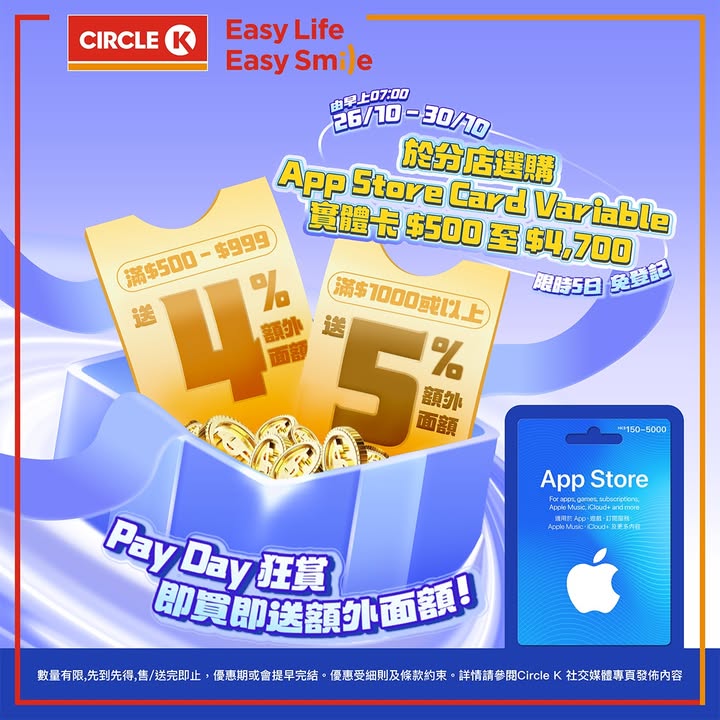 $500至 $999：即送 4% 額外面額 滿 $1，又有著數喇，溫馨提示：。