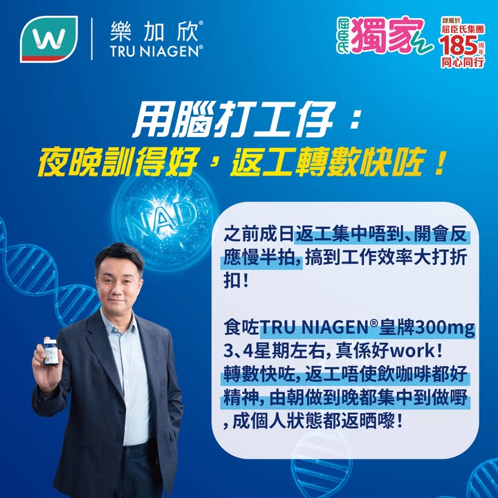 於屈臣氏消費，滿$399，快啲嚟屈臣氏買嚟試下啦～ 皇牌NAD+增強劑300毫克: 增強腦轉數、提升活力、改善睡眠，達致逆齡抗衰老 1000mg專業版：專利成分NIAGEN®含量高達30,000mg，對抗腦弱態，支援記憶力，