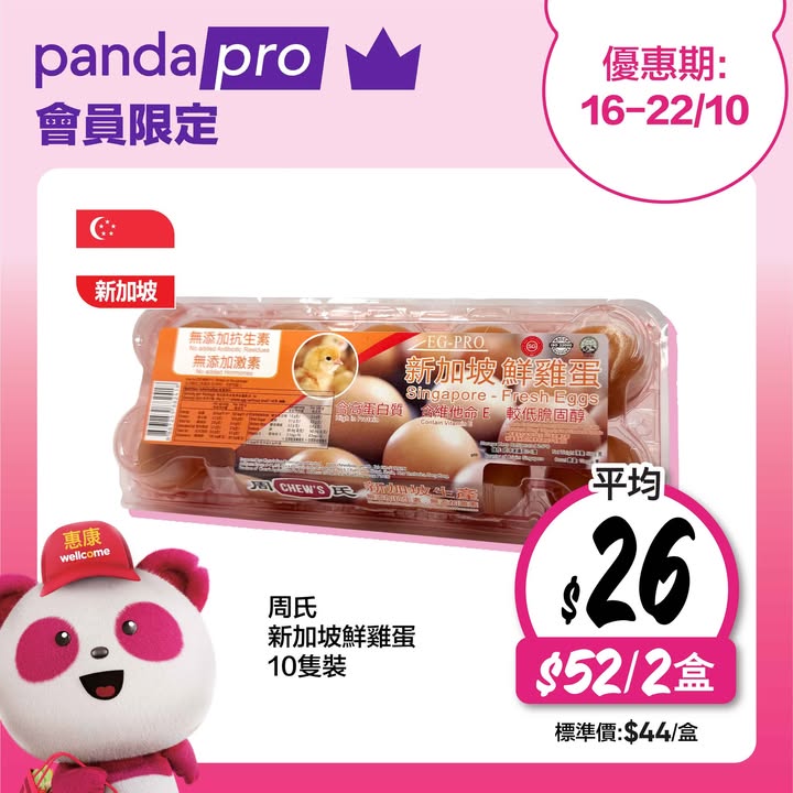 滿$350輸入優惠碼WELL10可享全單9折^ 第2⃣賞 | 上foodpanda惠康掃貨即賺3x yuu分 第3⃣賞 | 買滿$350即享免運費# 立即掃貨： 每週限時精選優惠^^： pandapro會員限定 - 周氏新加坡鮮雞蛋10…