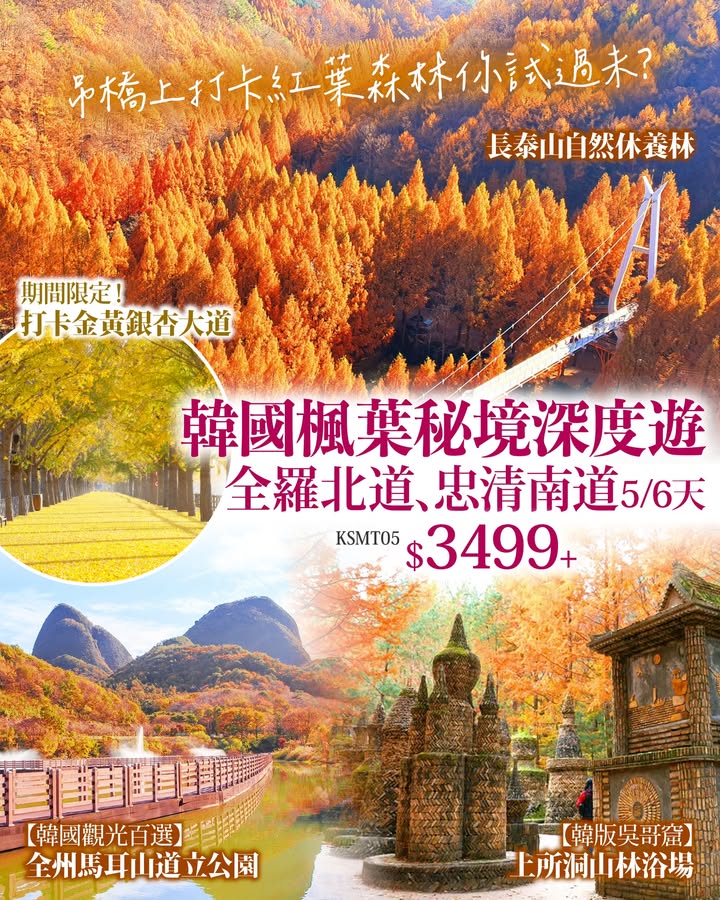 $3499+深度遊朝聖 懸空吊橋睇漫天楓紅、上所洞楓紅異國石塔、馬耳山倒映紅葉水彩大景。