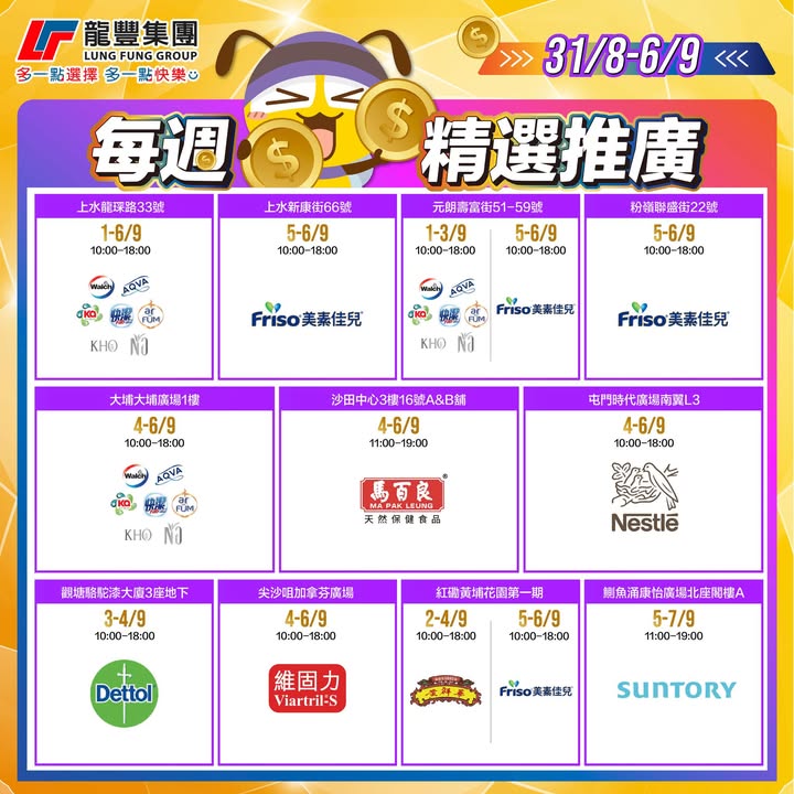 大家留意重要嘅事要講3次各位朋友仔有福啦 龍豐除咗為你搜羅咗超多至抵、激荀既產品每個禮拜仲會有唔同嘅品牌會係龍豐指定分店做推廣係推廣員在場期間會有限定優惠之外，隨時仲會有贈品加送，抵上加抵。